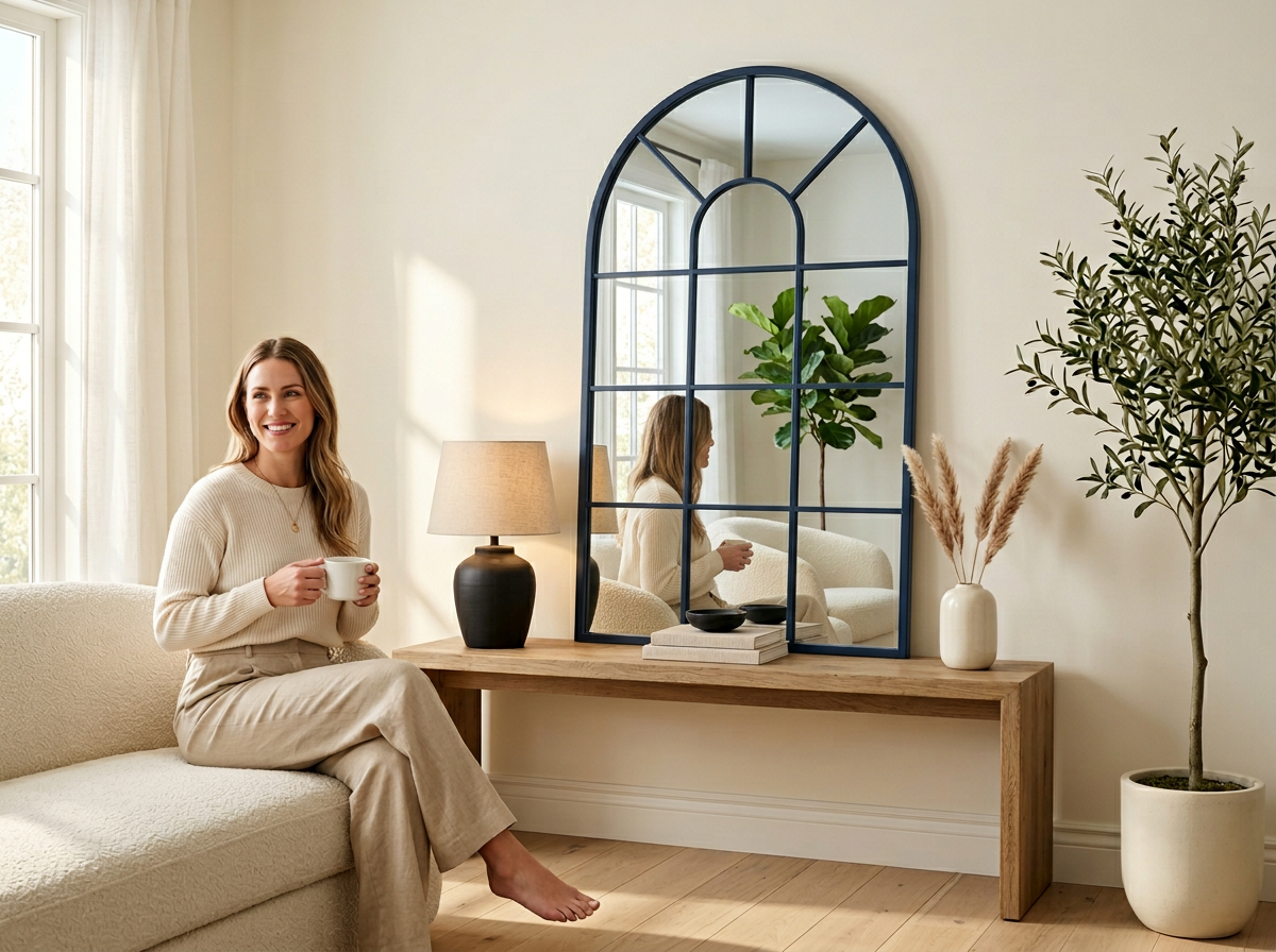 Arched window pane wall mirror with black iron frame styled in a bright living room
